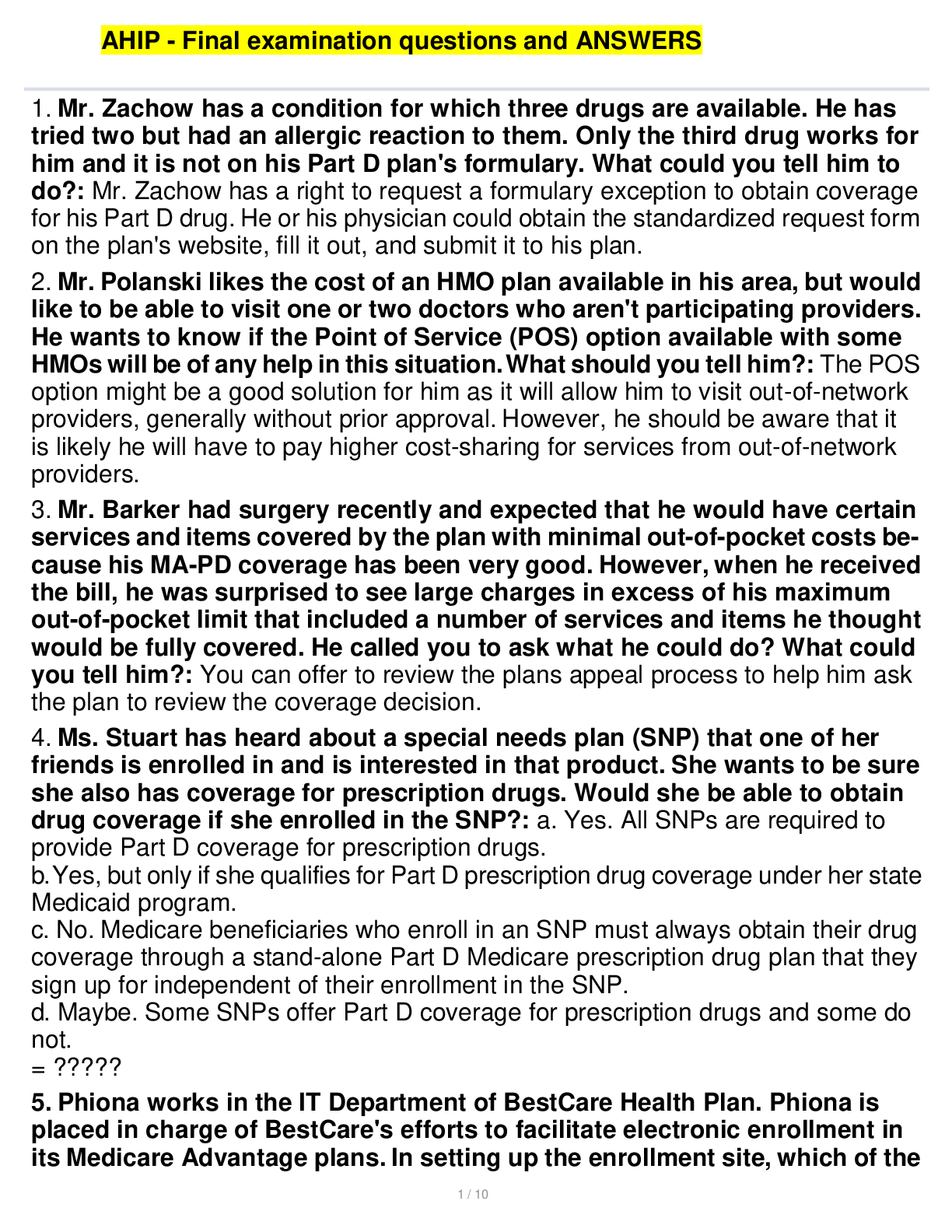 Preview image for AHIP - Final examination questions and ANSWERS